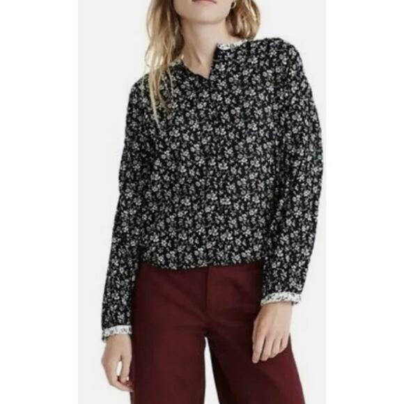 Madewell Peasant Blouse Women Size M Black Ditsy Branch Floral Meadow Shirt Boho - Picture 1 of 13
